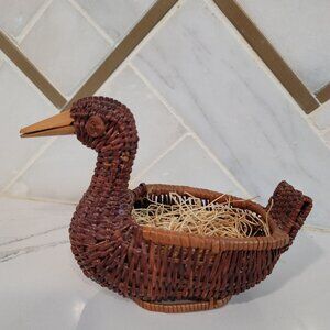 retro vintage woven wicker dark brown duck bird storage basket small orginizatio